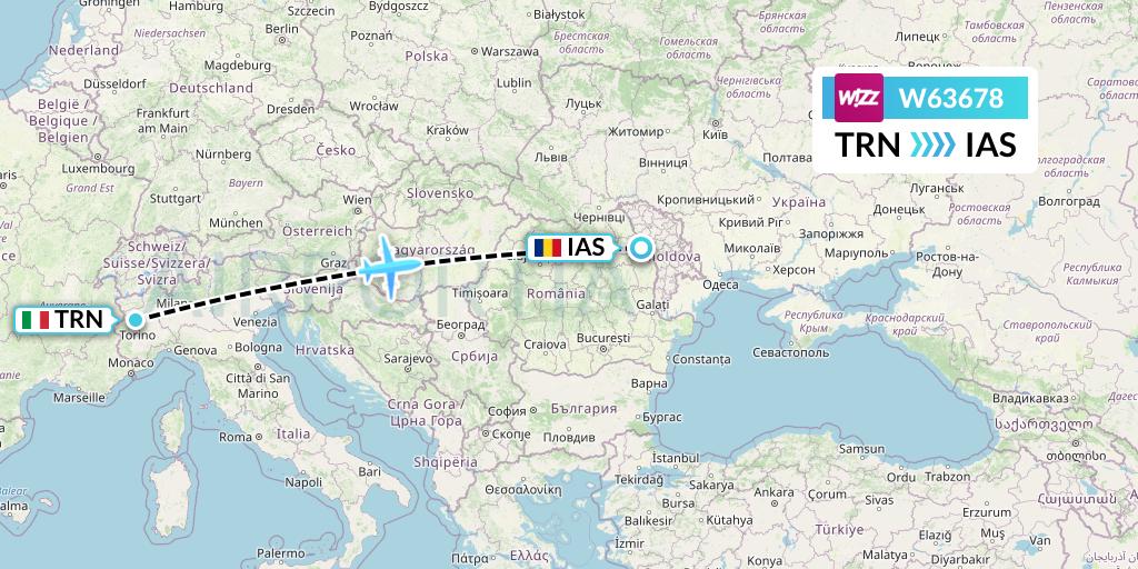 W63678 Wizz Air Flight Map: Turin to Iasi