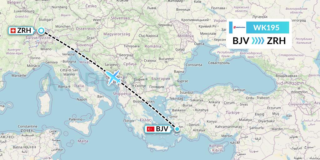 WK195 Edelweiss Air Flight Map: Bodrum to Zurich