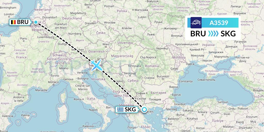 A3539 Aegean Airlines Flight Map: Brussels to Thessaloniki