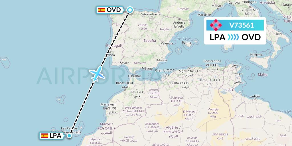 V73561 Volotea Flight Map: Las Palmas to Asturias