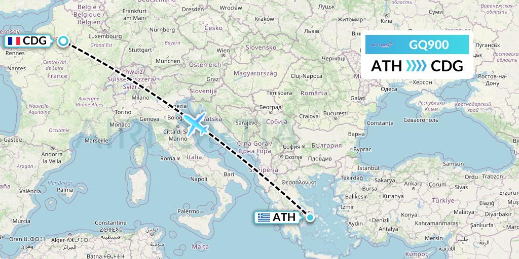 GQ900 Sky Express (Greece) Flight Map: Athens to Paris