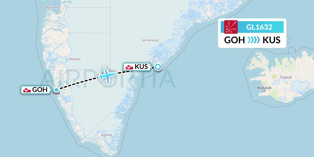 GL1632 Air Greenland Flight Map: Nuuk to Kulusuk