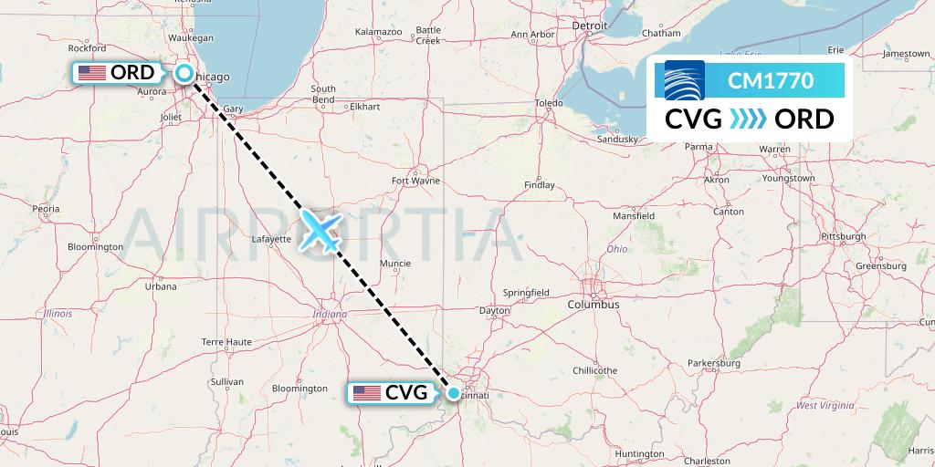 CM1770 Copa Airlines Flight Map: Cincinnati to Chicago