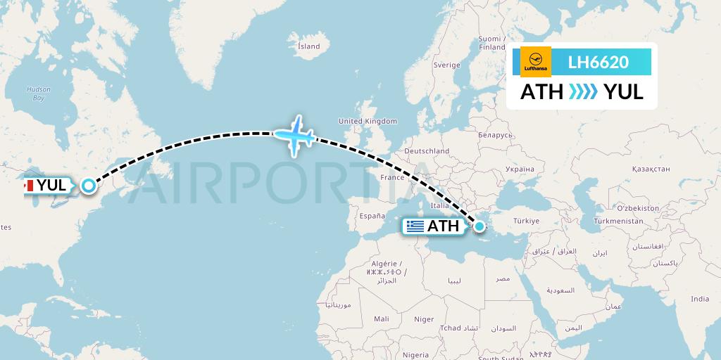 LH6620 Lufthansa Flight Map: Athens to Montreal