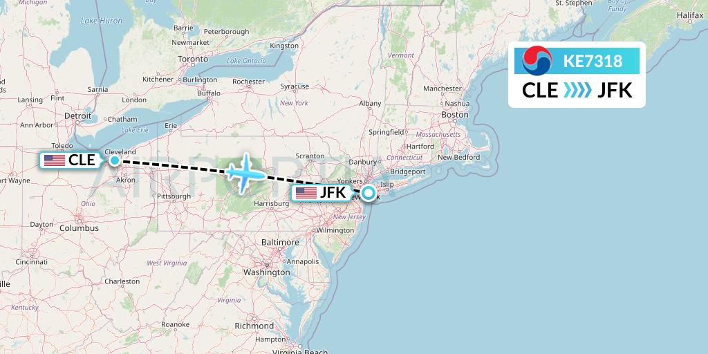 KE7318 Korean Air Flight Map: Cleveland to New York