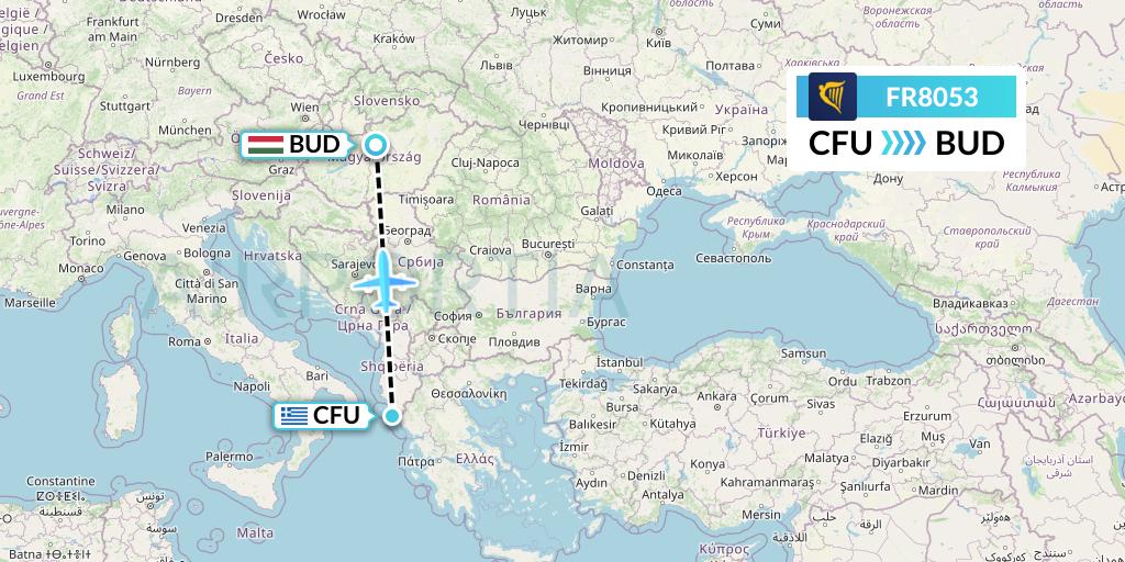 FR8053 Ryanair Flight Map: Corfu to Budapest