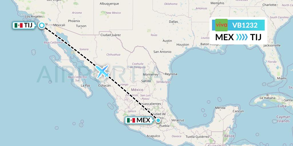 VB1232 VivaAerobus Flight Map: Mexico City to Tijuana