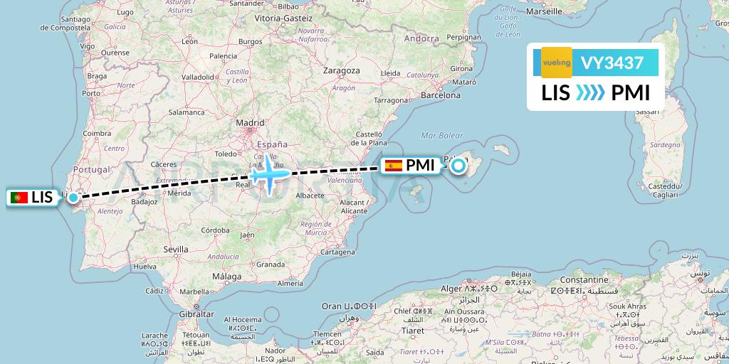 VY3437 Vueling Flight Map: Lisbon to Palma de Mallorca