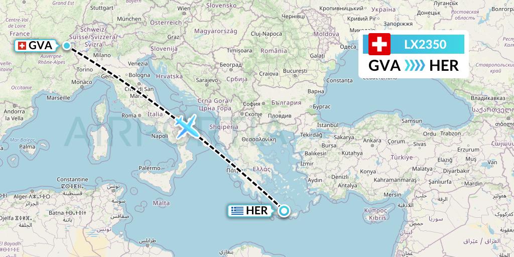 LX2350 Swiss Flight Map: Geneva to Heraklion