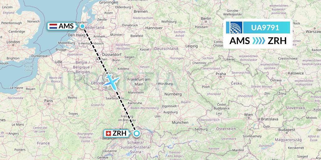 UA9791 United Airlines Flight Map: Amsterdam to Zurich