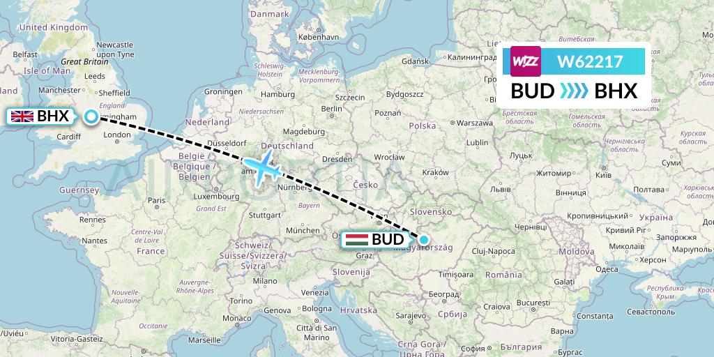 W62217 Wizz Air Flight Map: Budapest to Birmingham