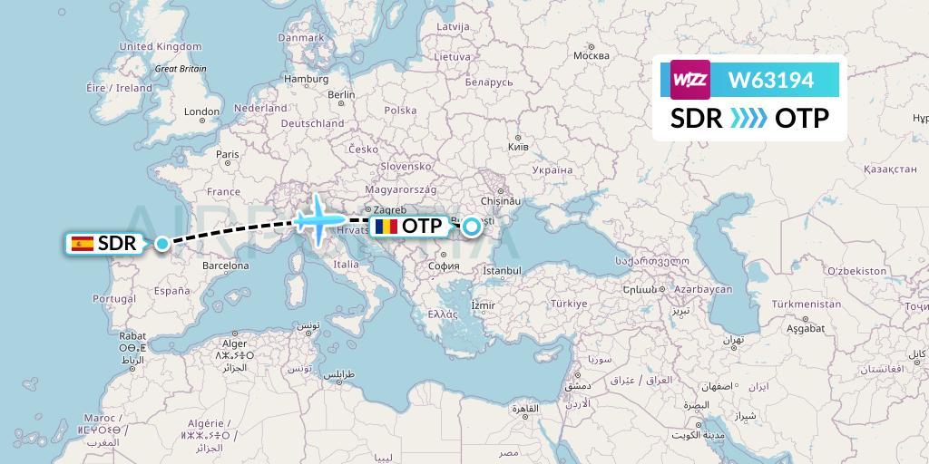 W63194 Wizz Air Flight Map: Santander to Bucharest