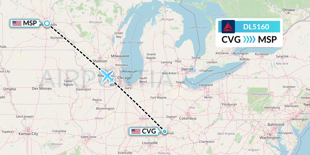 DL5160 Delta Air Lines Flight Map: Cincinnati to Minneapolis