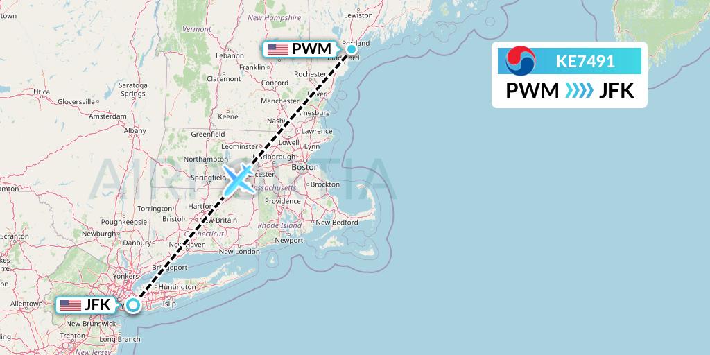 KE7491 Korean Air Flight Map: Portland to New York