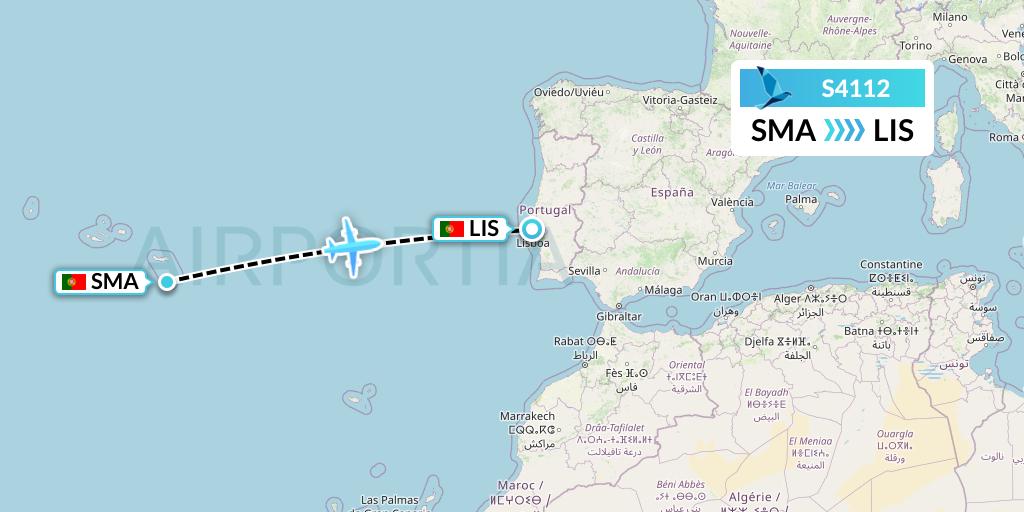 S4112 Azores Airlines Flight Map: Santa Maria to Lisbon