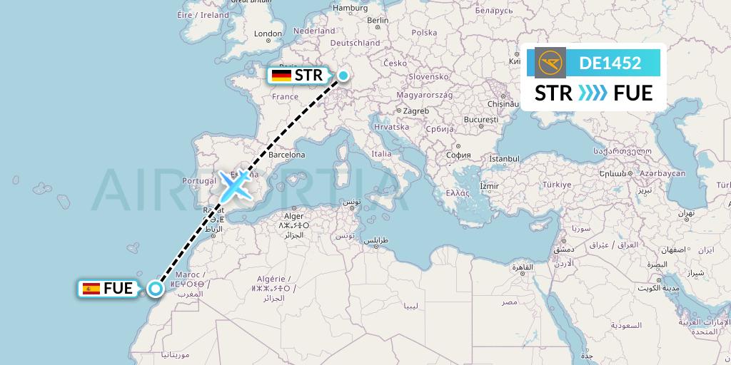 DE1452 Condor Flight Map: Stuttgart to Fuerteventura