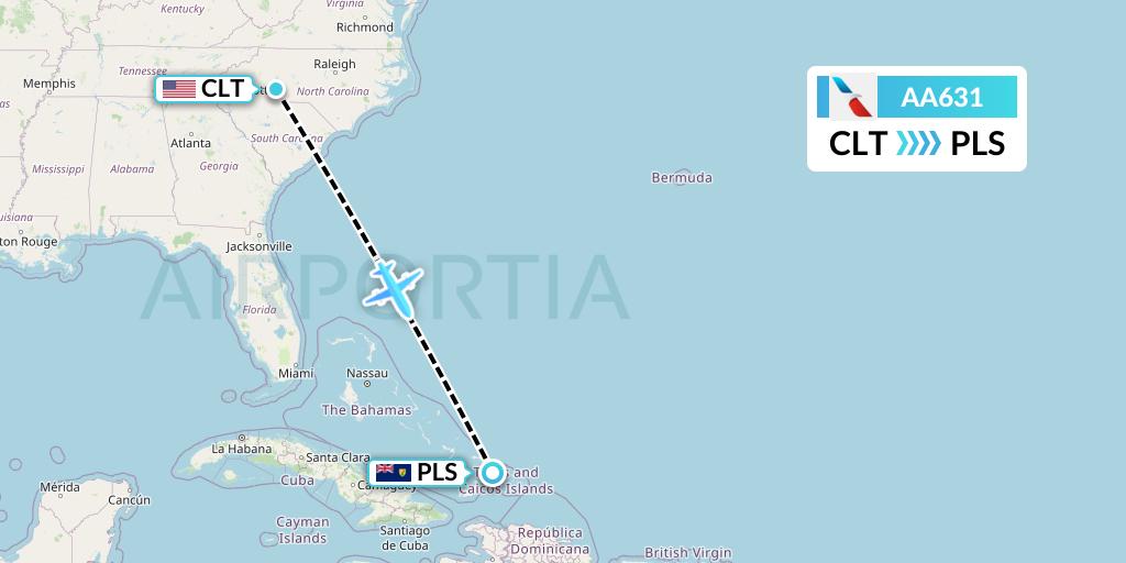 AA631 American Airlines Flight Map: Charlotte to Providenciales