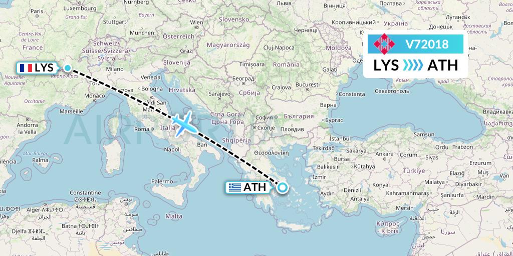 V72018 Volotea Flight Map: Lyon to Athens