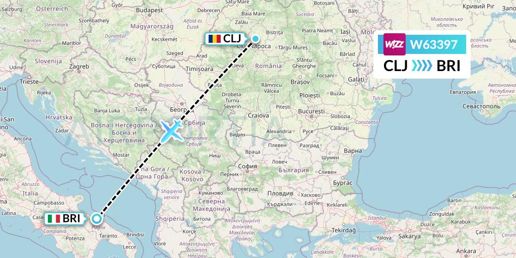 W63397 Wizz Air Flight Map: Cluj-Napoca to Bari