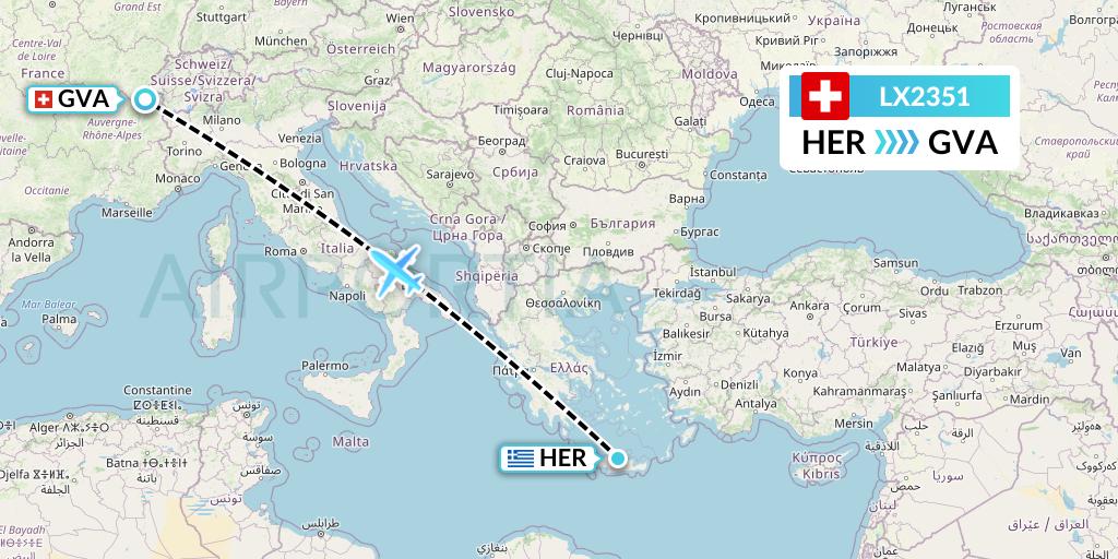 LX2351 Swiss Flight Map: Heraklion to Geneva