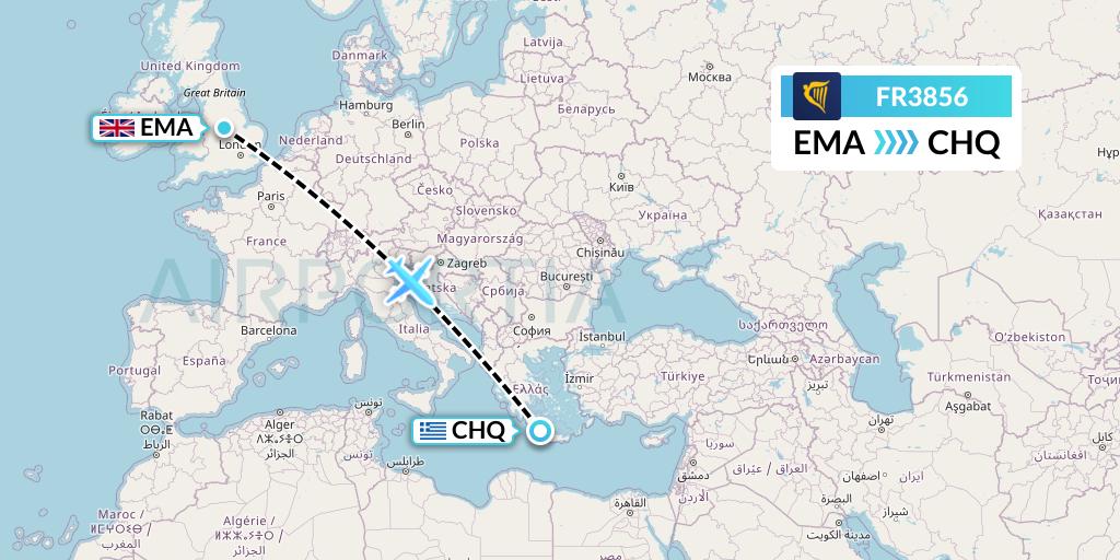 FR3856 Ryanair Flight Map: East Midlands to Chania