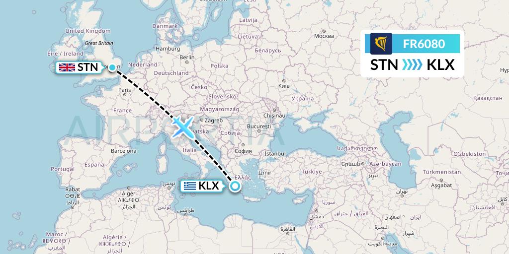 FR6080 Ryanair Flight Map: London to Kalamata