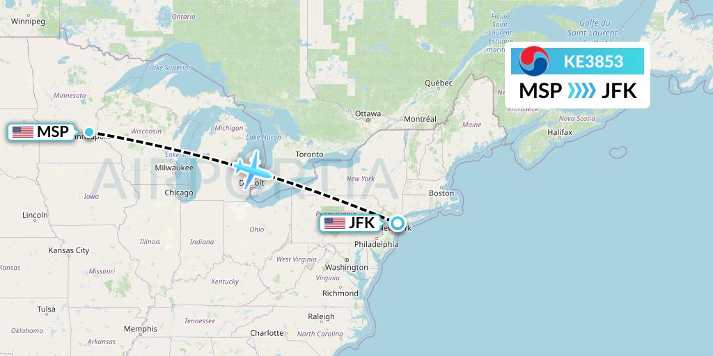 KE3853 Korean Air Flight Map: Minneapolis to New York
