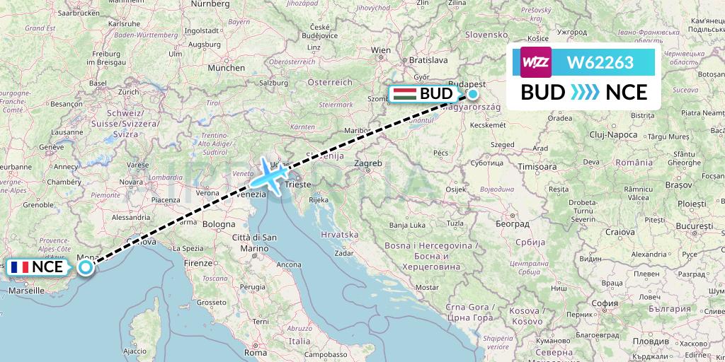 W62263 Wizz Air Flight Map: Budapest to Nice