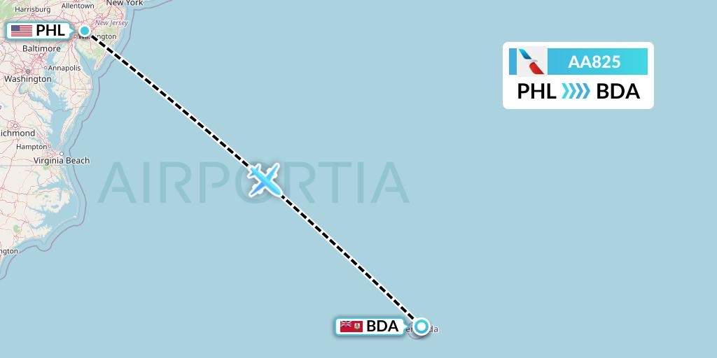 AA825 American Airlines Flight Map: Philadelphia to Bermuda