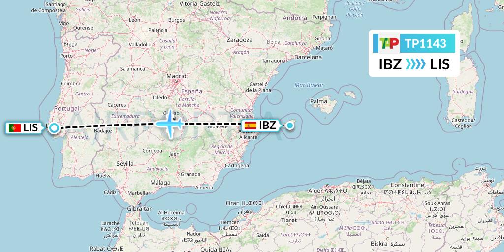 TP1143 TAP Portugal Flight Map: Ibiza to Lisbon