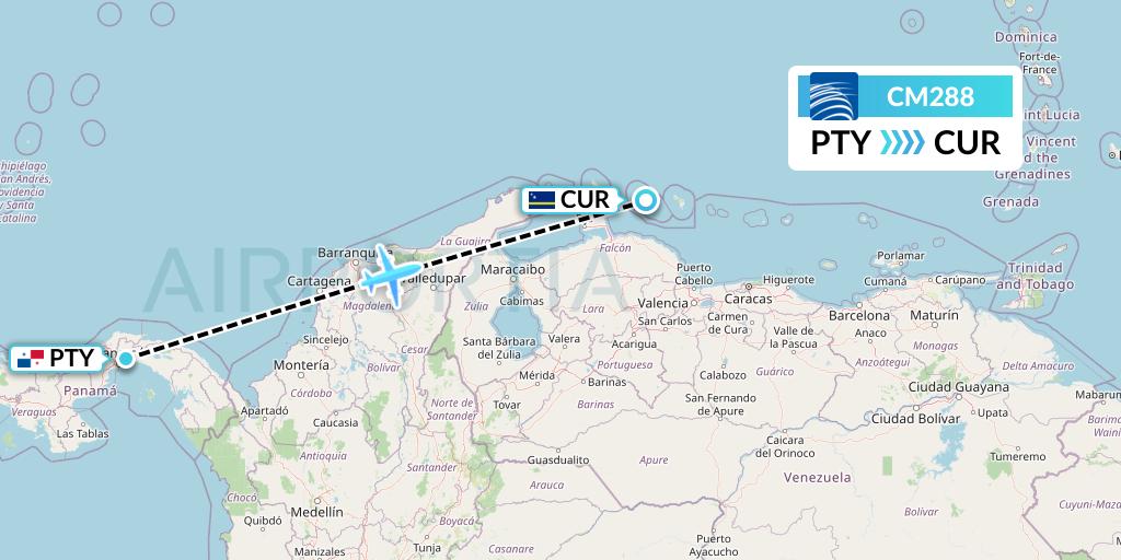 CM288 Copa Airlines Flight Map: Panama City to Willemstad