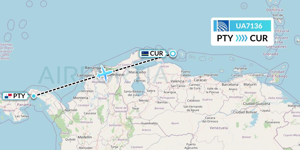 UA7136 United Airlines Flight Map: Panama City to Willemstad