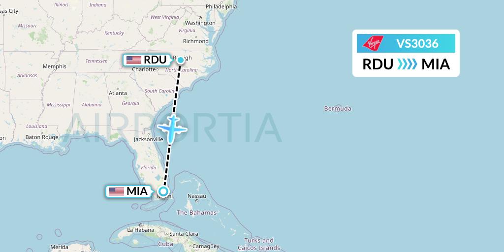 VS3036 Virgin Atlantic Airways Flight Map: Raleigh-Durham to Miami
