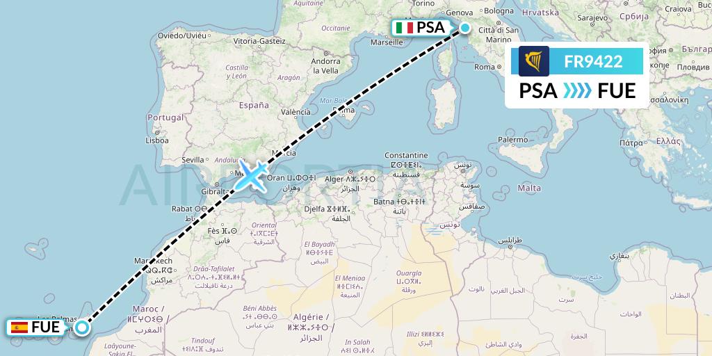 FR9422 Ryanair Flight Map: Pisa to Fuerteventura