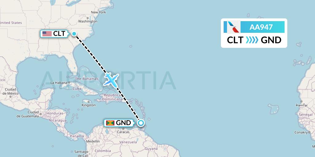AA947 American Airlines Flight Map: Charlotte to Point Salines