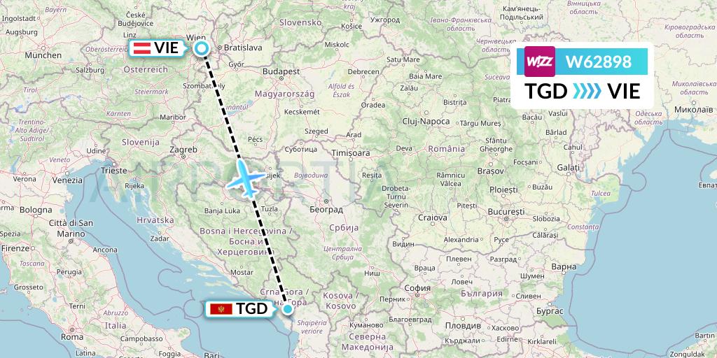 W62898 Wizz Air Flight Map: Podgorica to Vienna