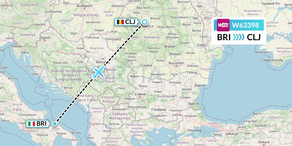 W63398 Wizz Air Flight Map: Bari to Cluj-Napoca
