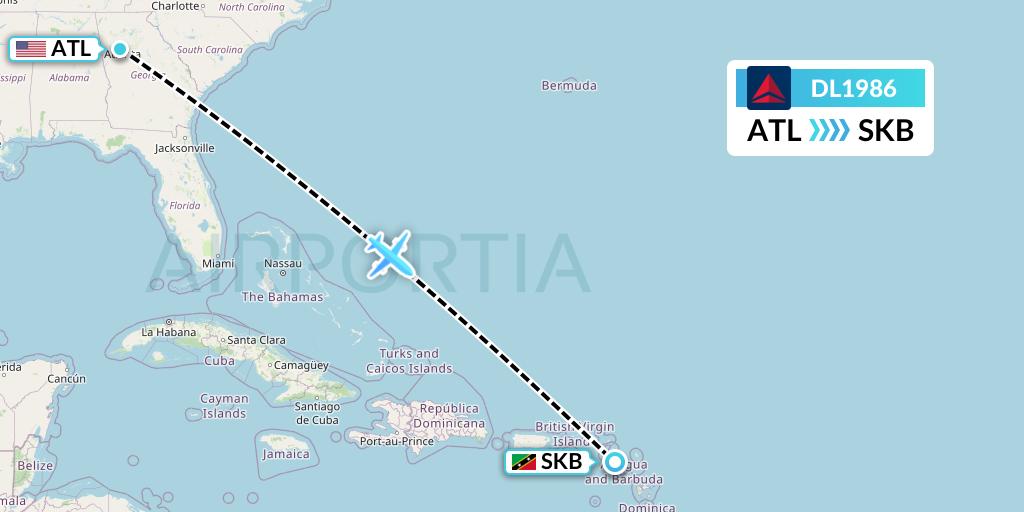 DL1986 Delta Air Lines Flight Map: Atlanta to Basseterre