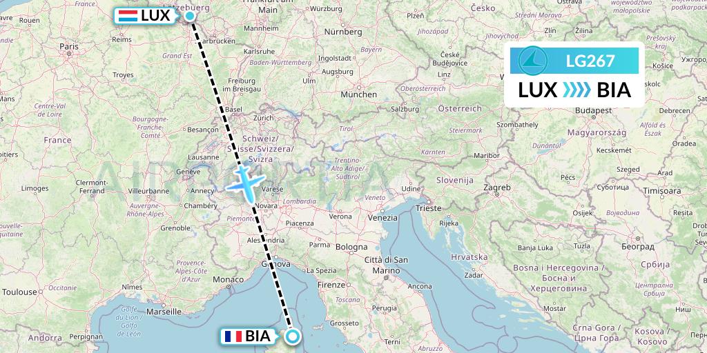 LG267 Luxair Flight Map: Luxembourg to Bastia
