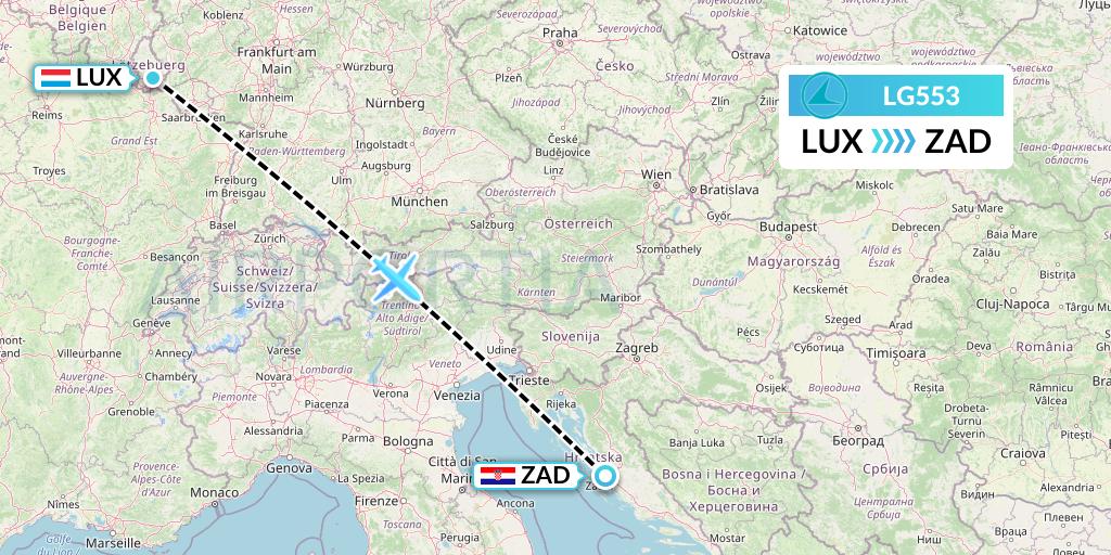 LG553 Luxair Flight Map: Luxembourg to Zadar