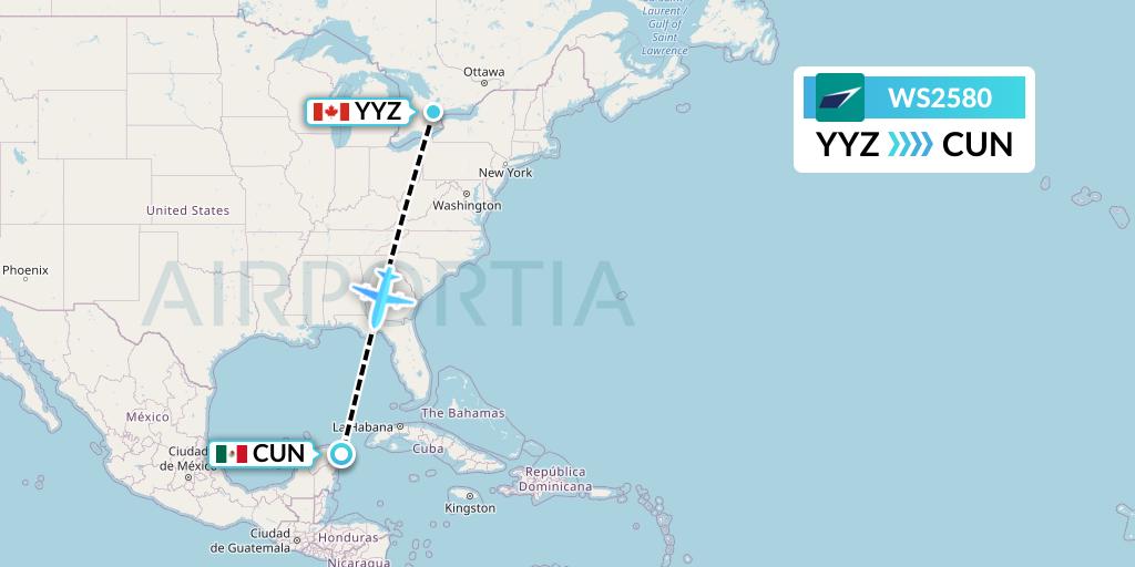 WS2580 WestJet Flight Map: Toronto to Cancun