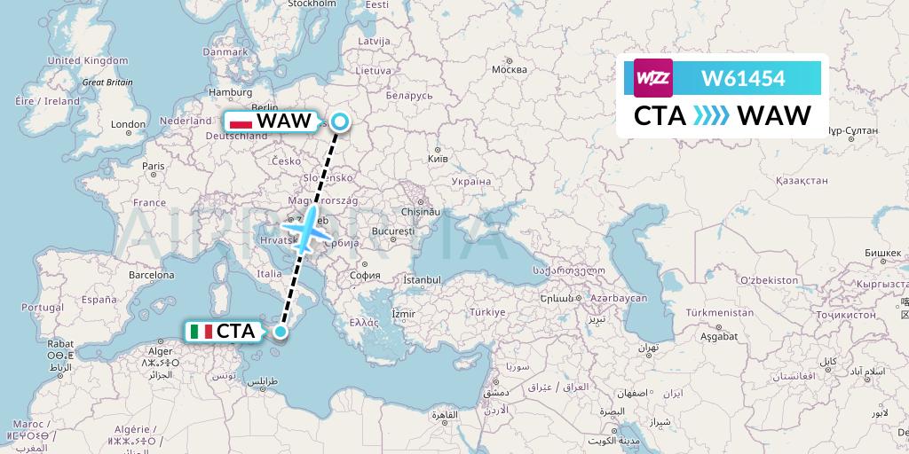 W61454 Wizz Air Flight Map: Catania to Warsaw