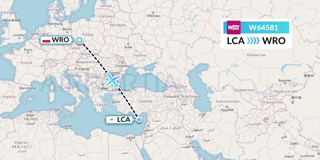 W64581 Wizz Air Flight Map: Larnaca to Wroclaw