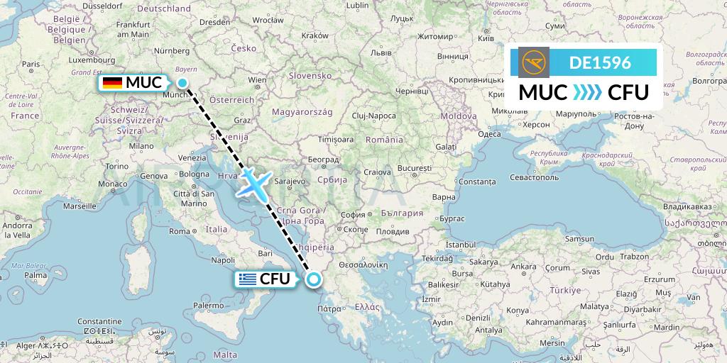 DE1596 Condor Flight Map: Munich to Corfu