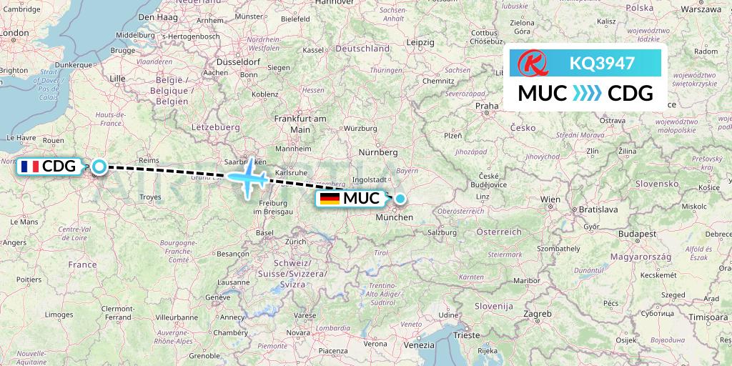 KQ3947 Kenya Airways Flight Map: Munich to Paris