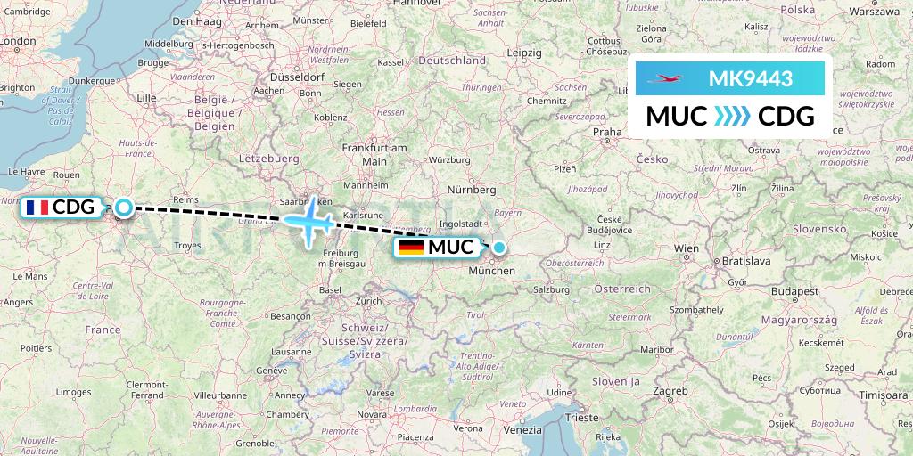 MK9443 Air Mauritius Flight Map: Munich to Paris