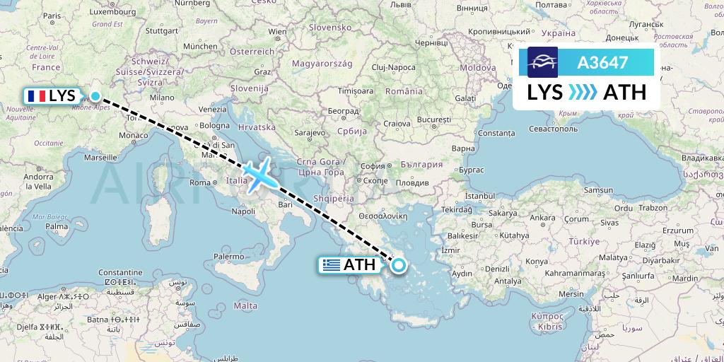 A3647 Aegean Airlines Flight Map: Lyon to Athens