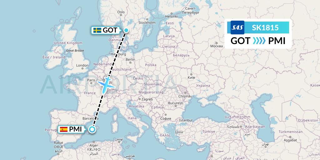 SK1815 SAS Flight Map: Gothenburg to Palma de Mallorca