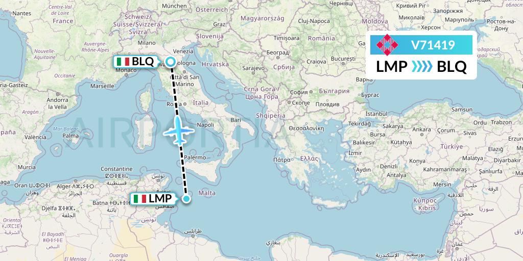 V71419 Volotea Flight Map: Lampedusa to Bologna