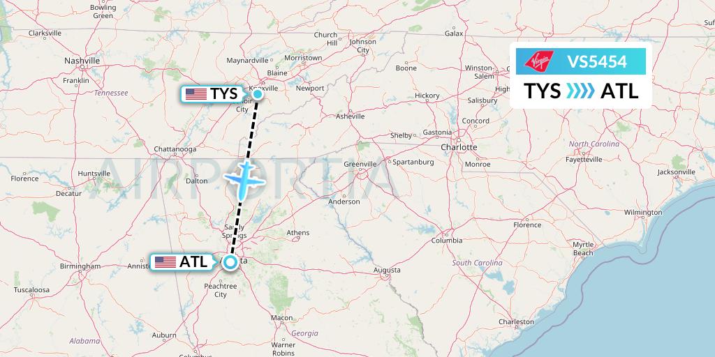 VS5454 Virgin Atlantic Airways Flight Map: Knoxville to Atlanta